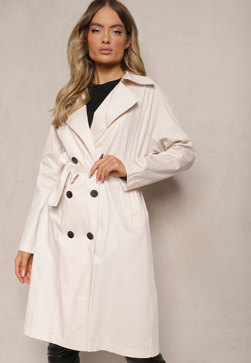 Beżowy Dwurzędowy Płaszcz o Fasonie Klasycznego Trencza z Paskiem Abelara