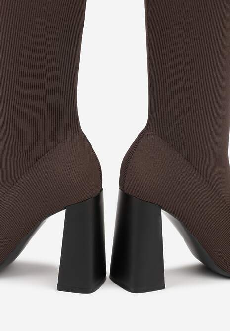 Brązowe Kozaki VICES na Słupku ze Skarpetkową Cholewką Zevona