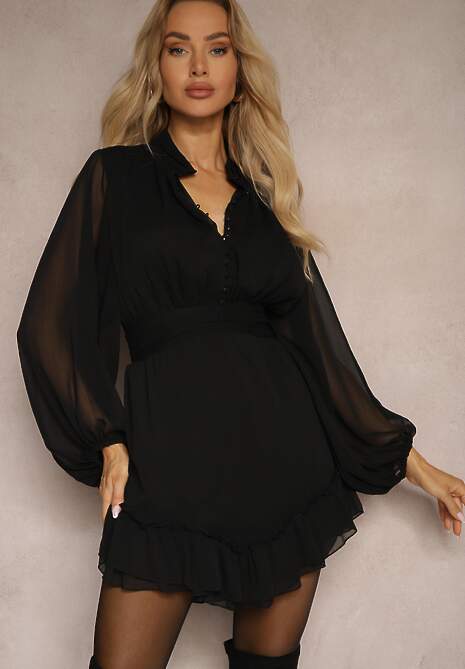 Czarna Sukienka Mini z Marszczoną Gumką i Przezroczystymi Rękawami Janay