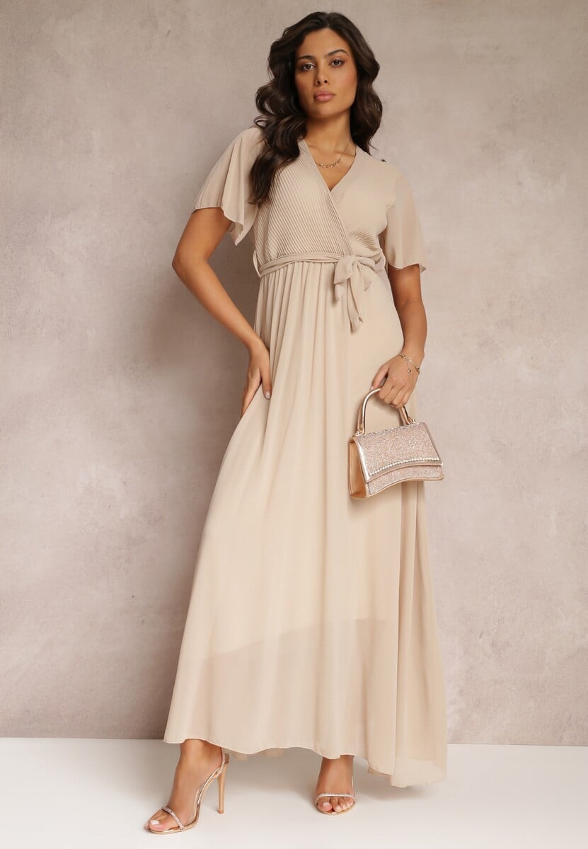 Niebieska Plisowana Sukienka z Kopertowym Dekoltem i Gumką w Talii Dimitris