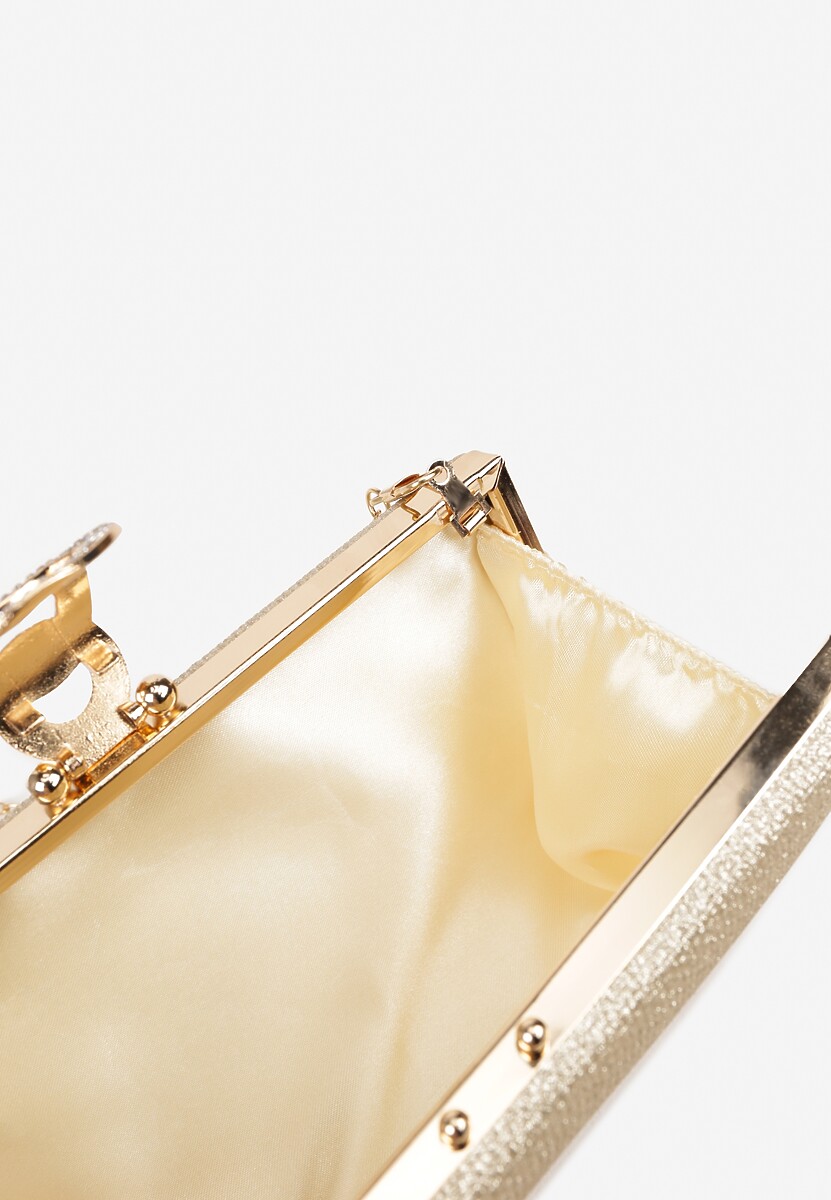 Złota Brokatowa Torebka Kopertówka z Cyrkoniami i Biżuteryjną Ozdobą Avlelia