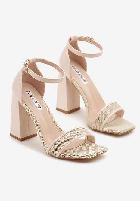 Beżowe Klasyczne Sandały na Słupku Odelaria