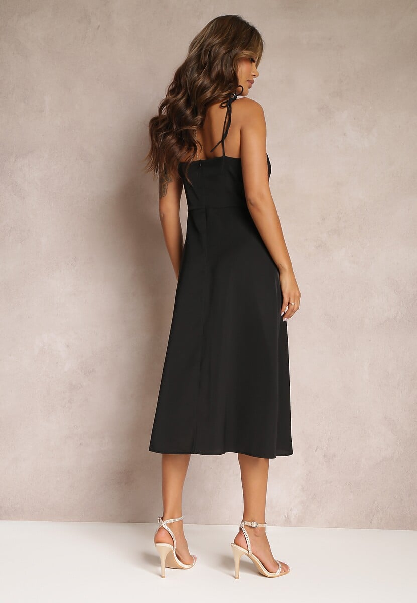 Czarna Rozkloszowana Sukienka Midi z Rozcięciem na Ramiączkach Josine