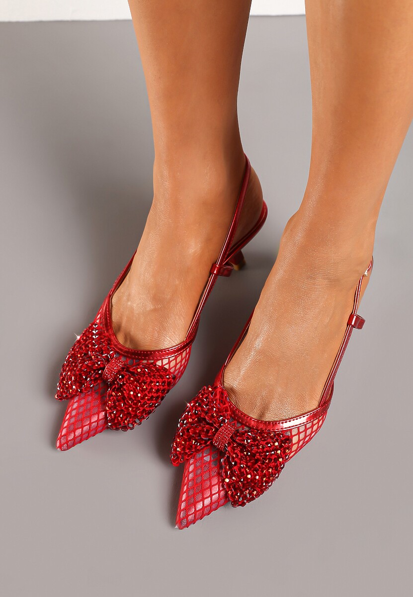 Czerwone Czółenka Lakierowane na Obcasie Kaczuszce Ozdobione Cyrkoniami i Kokardą Emariel