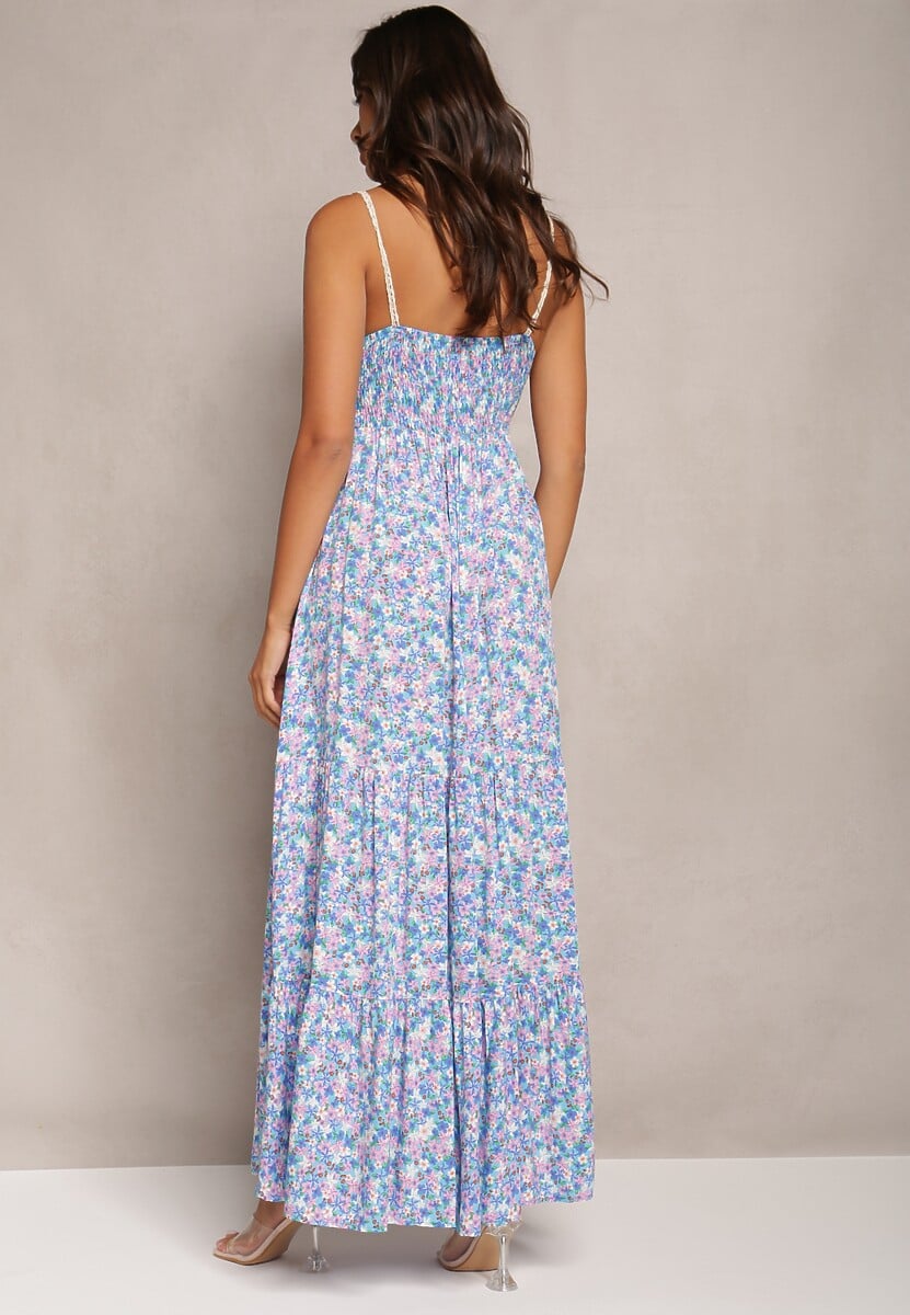 Niebieska Maxi Wiskozowa Sukienka o Rozkloszowanym Fasonie w Kwiaty Ozdobiona Szydełkowym Wzorem Damrea