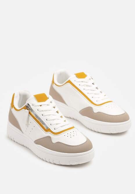 Biało-Beżowe Sneakersy przed Kostkę z Perforacją i Suwakiem na Cholewce Valinorti