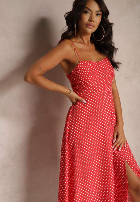 Czerwona Rozkloszowana Sukienka Midi w Kropki na Ramiączkach Mabella
