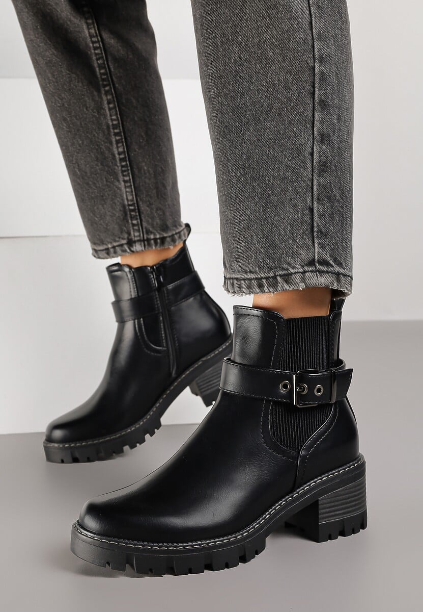 Czarne Botki w Stylu Sztybletów na Niskim Obcasie z Paskiem ze Sprzączką Lathorie