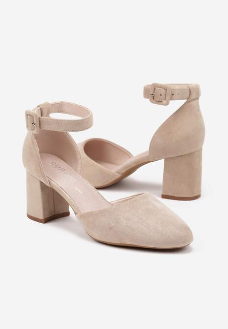 Beżowe Czółenka na Słupku ze Skórzaną Wkładką Ozdobione Paskiem przy Kostce Clarissara