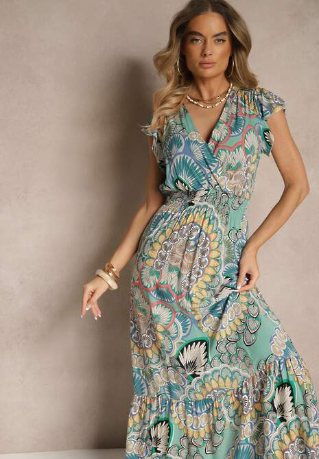 Zielono-Żółta Sukienka z Bawełny w Stylu Boho z Kopertowym Dekoltem Dillana