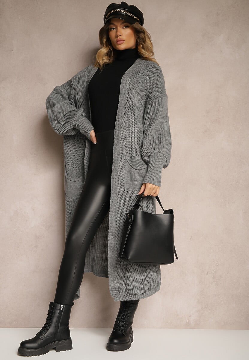 Czarny Kardigan Długi z Bufiastym Rękawem Mesho