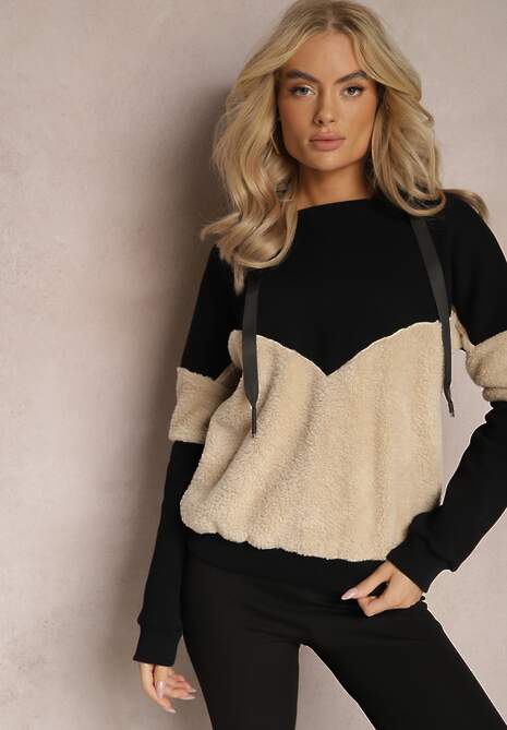 Czarna Bawełniana Bluza z Kapturem ze Ściągaczami i Polarem Eurynia