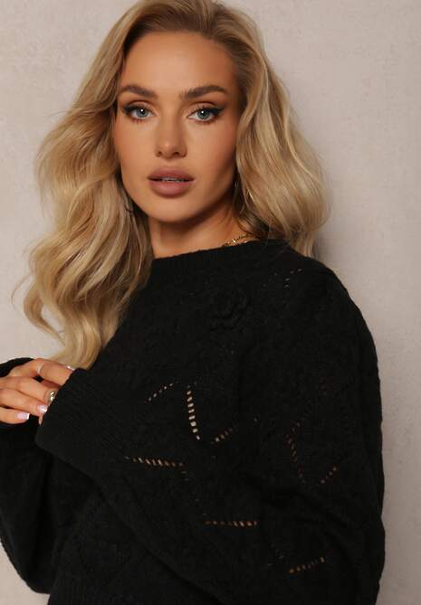 Czarny Sweter o Klasycznym Fasonie Ozdobiony Kwiatami 3D z Tkaniny Loraxis