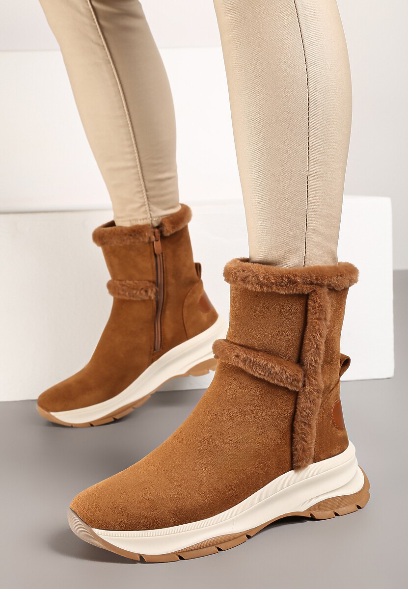 Brązowe Botki na Platformie z Tłoczeniem Ozdobione Futerkiem Lemivra