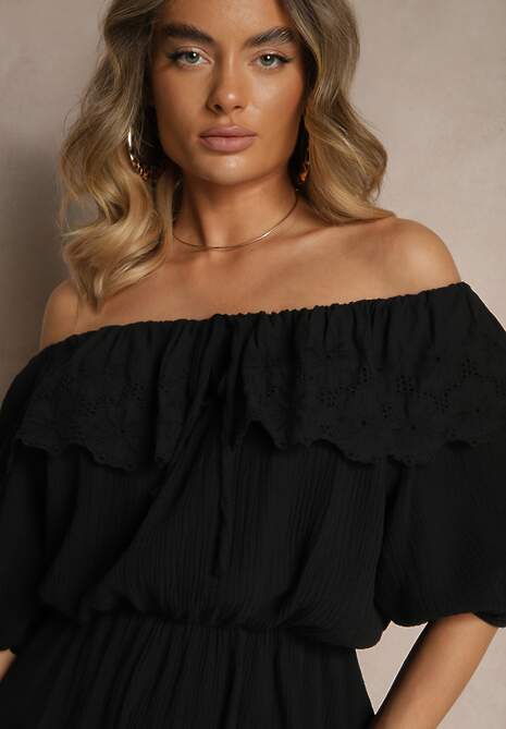 Czarna Sukienka z Bawełny Ozdobiona Ażurową Falbaną Ranisse