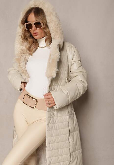 Beżowa Kurtka Pikowana Długa Płaszcz z Imitacji Skóry z Futerkiem Flechie