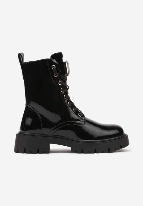 Czarne Sznurowane Botki na Platformie w Stylu Workerów z Aplikacją Kryształka Arrelae