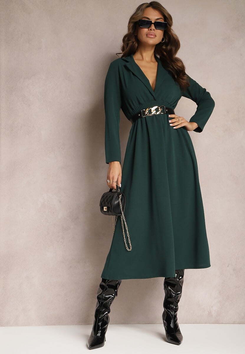 Ciemnozielona Sukienka Midi o Rozkloszowanym Fasonie z Trójkątnym Dekoltem i Gumką w Pasie Lunaia