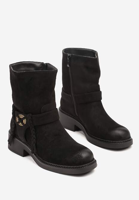 Czarne Botki Bikery z Guzikiem i Sznurkami Alissarie