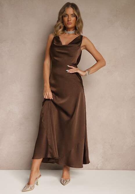 Brązowa Taliowana Sukienka Vices Wiązana przy Karku Zinvea