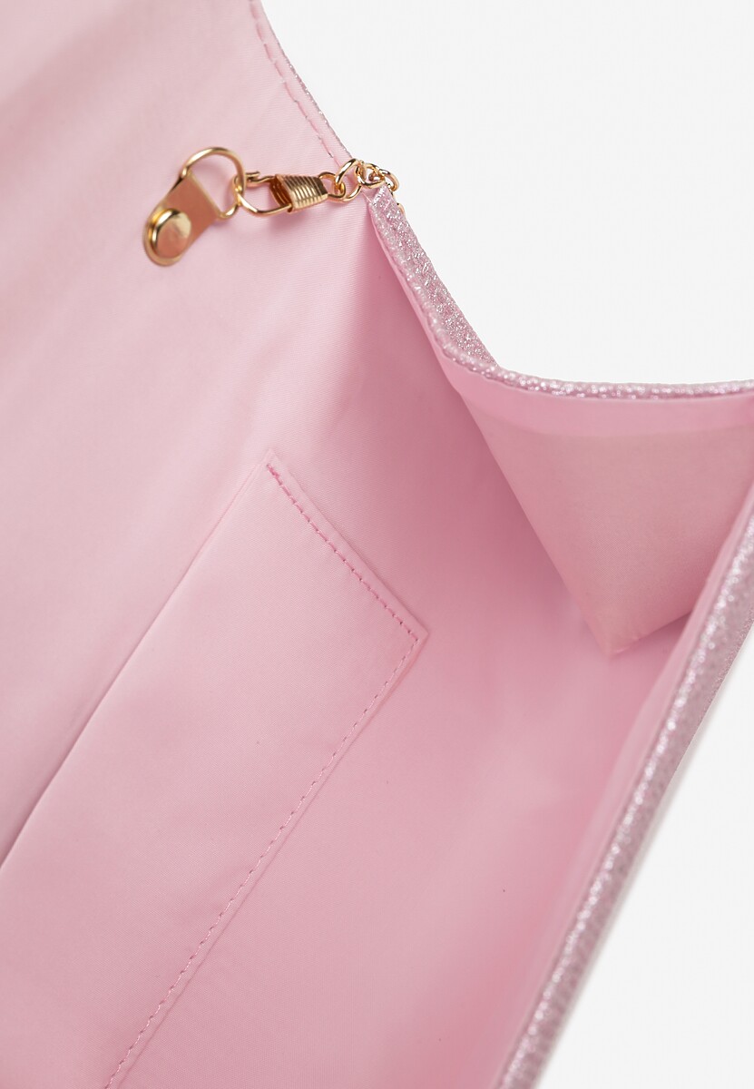 Różowa Torebka Kopertówka z Łańcuszkiem Zdobiona Brokatem i Aplikacją Pasanna