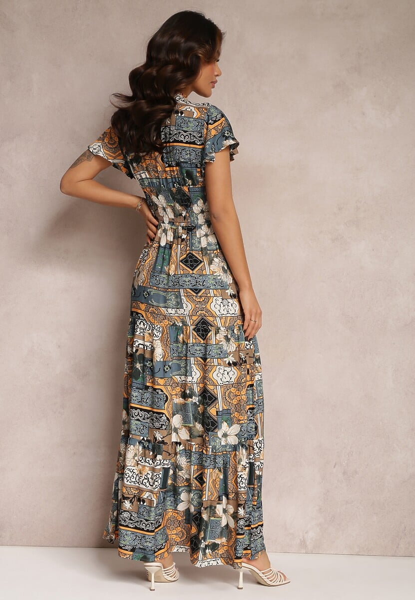 Szara Sukienka z Wiskozy Maxi z Gumką w Pasie Weha