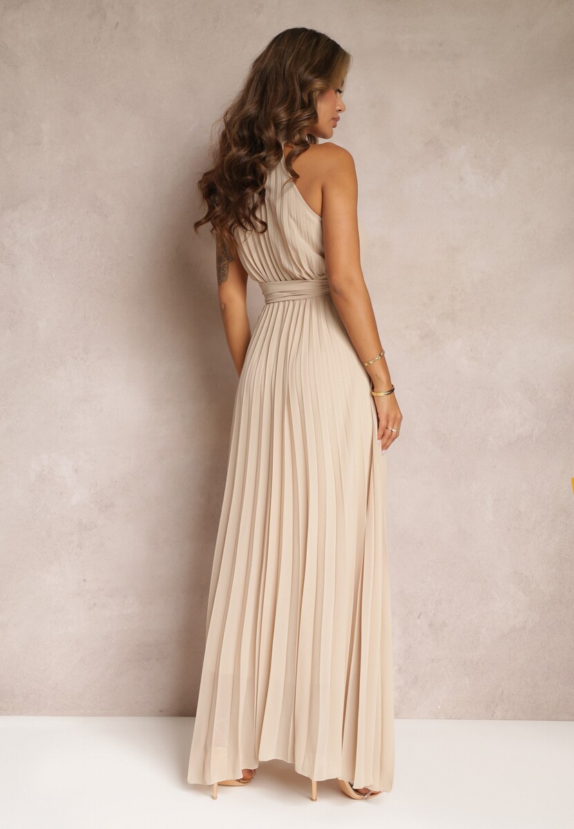 Beżowa Sukienka Maxi bez Rękawów z Gumką w Talii z Plisowanej Tkaniny Pesstia