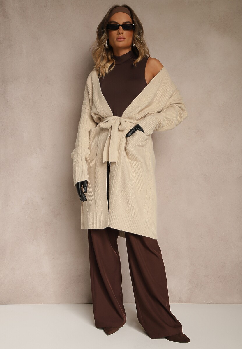 Jasnobeżowy Tłoczony Kardigan z Wełną o Kroju Bez Zapięć z Paskiem Dorrive