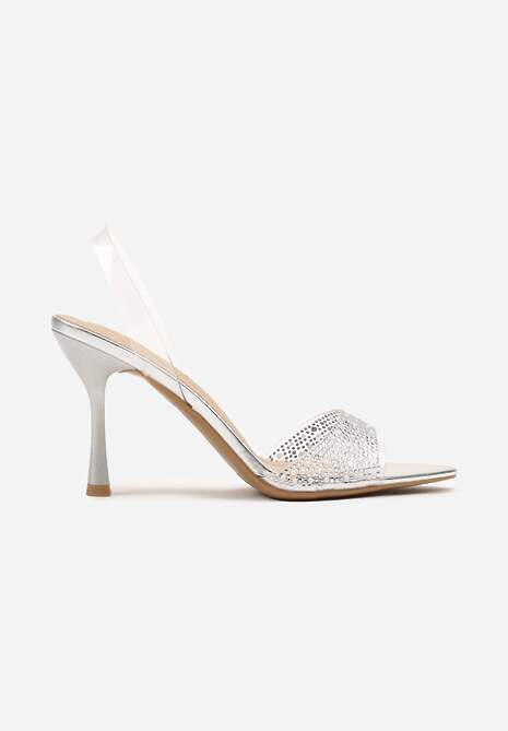 Srebrne Sandały Vices na Szpilce z Wkładką ze Skóry Naturalnej z Cyrkoniami Lumerelle
