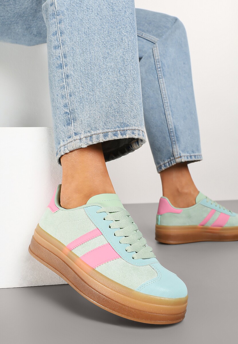 Różowo-Zielone Sneakersy na Płaskiej Podeszwie z Ozdobnymi Paskami Velali
