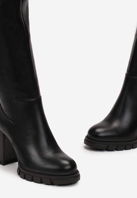 Czarne Dopasowane Kozaki za Kolano na Słupku z Niską Platformą Jonvale