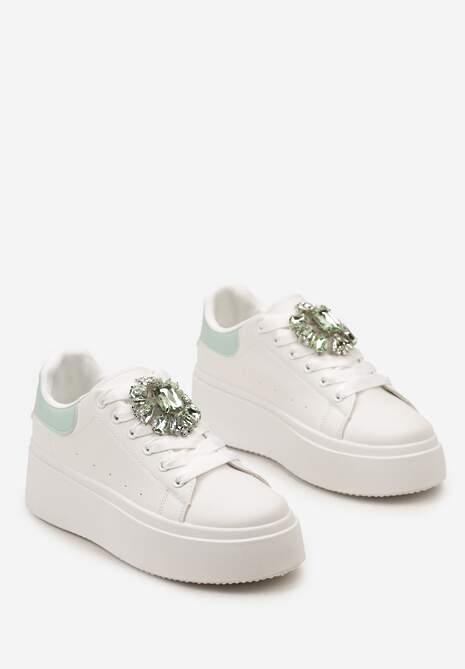 Biało-Zielone Sneakersy na Grubej Podeszwie z Ozdobną Aplikacją Kamienia  Danthia