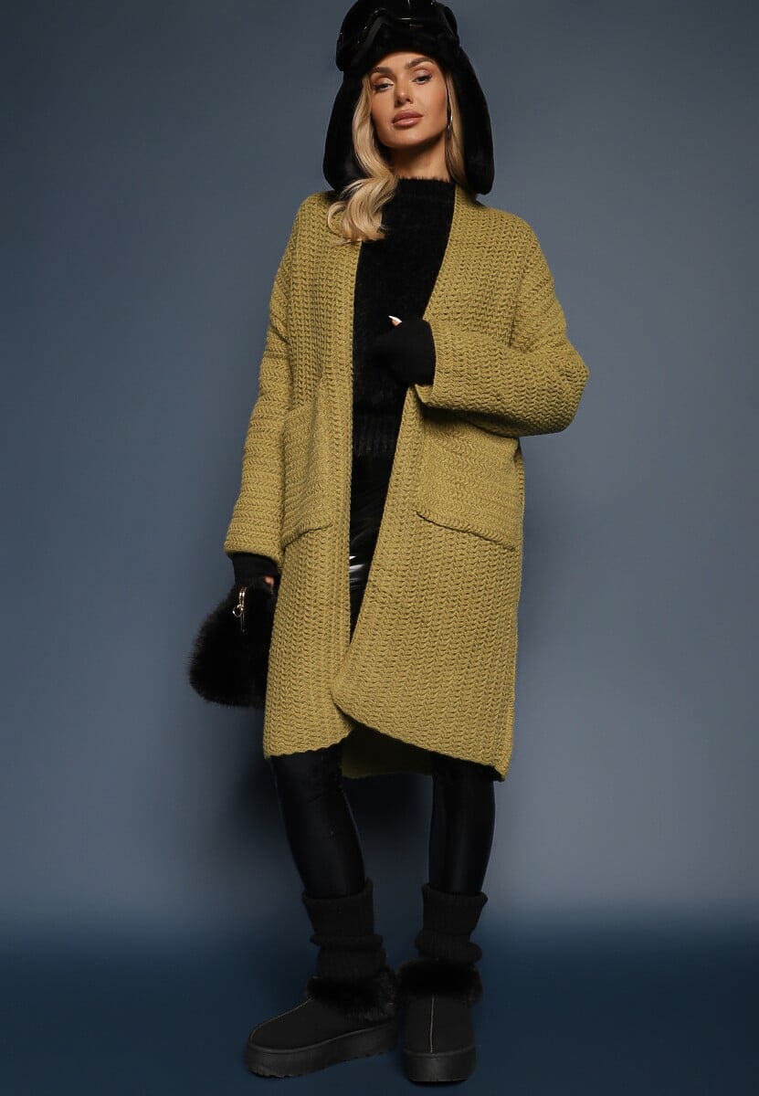 Zielony Kardigan Bez Zapięć Zdobiony Luźnym Splotem i Wsuwanymi Kieszeniami Calineth