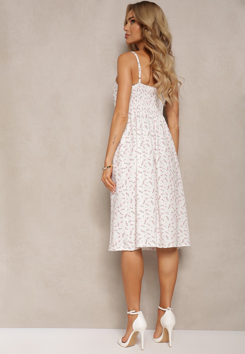 Biało-Różowa Sukienka o Rozkloszowanym Kroju na Ramiączkach w Kwiaty Sereri