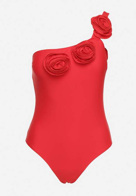 Czerwony Strój Kąpielowy Jednoczęściowy o Asymetrycznym Kroju z Kwiatową Aplikacją Irisabel