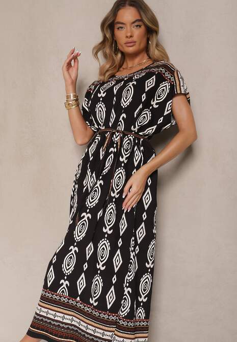 Czarna Wiskozowa Sukienka o Pudełkowym Kroju w Etniczny Print Miriliana