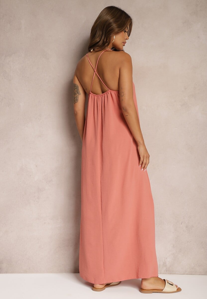 Różowa Sukienka na Ramiączkach o Taliowanym Kroju Rivatta