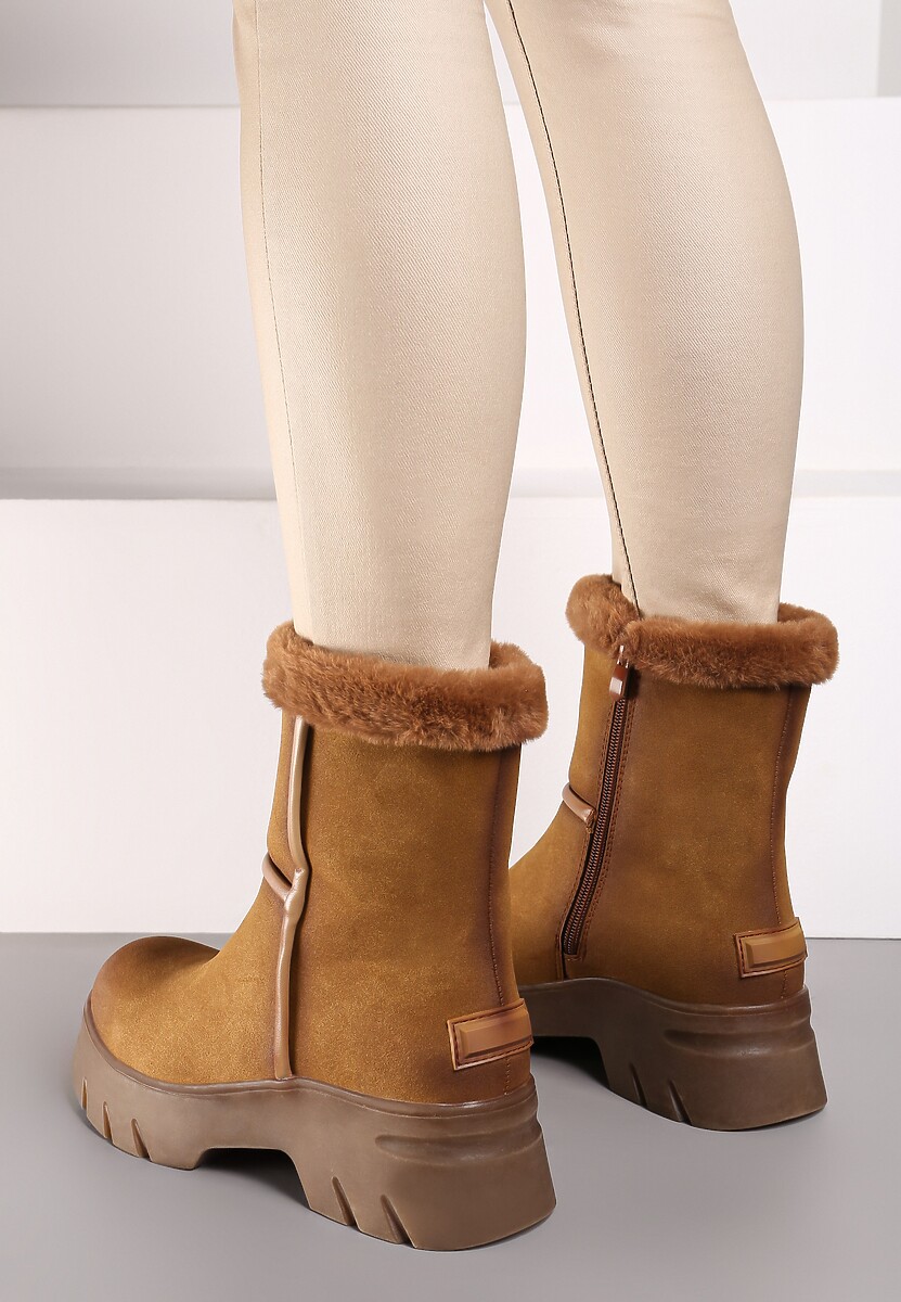 Brązowe Śniegowce na Niskiej Platformie z Ozdobnym Futerkiem Revianna