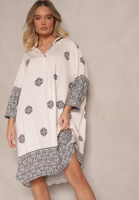 Beżowa Sukienka z Wiskozy w Abstrakcyjny Wzór Nalalith