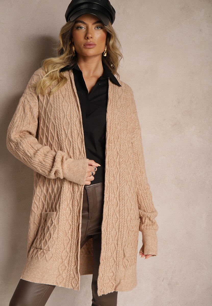 Ciemnobeżowy Kardigan Nierozpinany o Długim Kroju Ozdobiony Tłoczeniem Vailithe