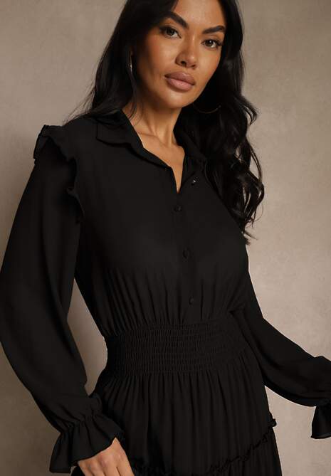Czarna Sukienka VICES Koszulowa z Falbaną w Rustykalnym Stylu Arivite