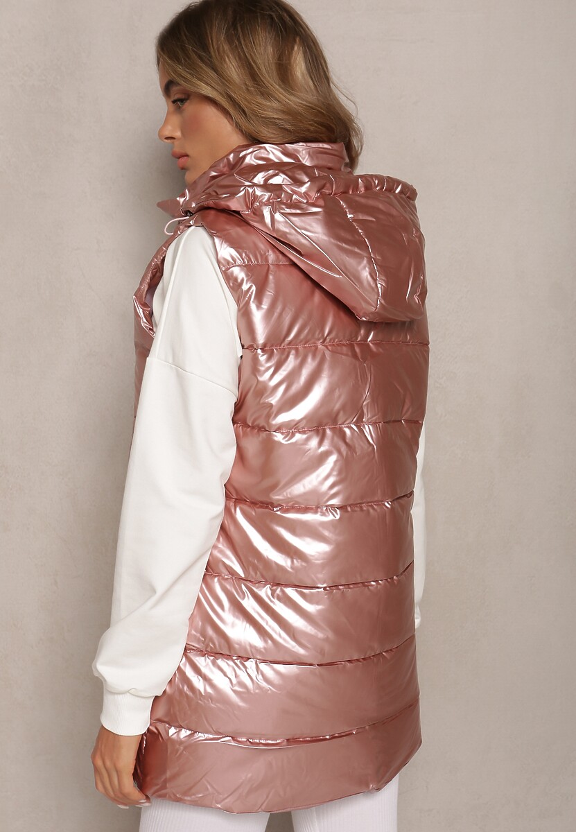 Różowa Kamizelka Bezrękawnik z Kapturem i Ozdobnym Pikowaniem Sieuna