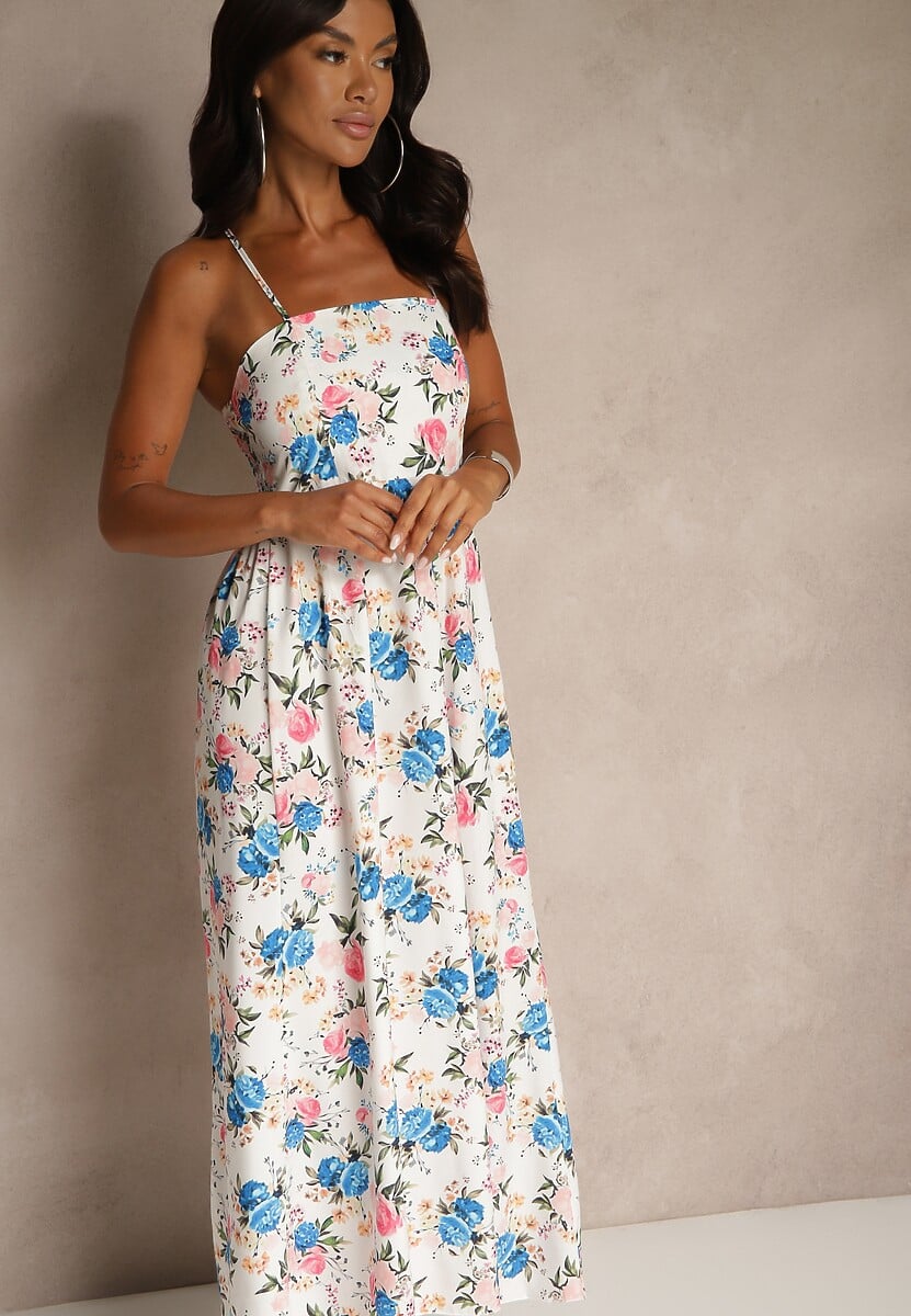 Niebieska Rozkloszowana Sukienka z Wiskozą w Kwiatowy Wzór Nalivie