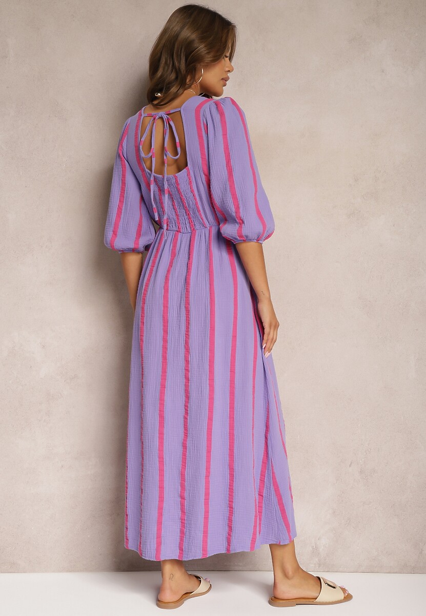 Fioletowa Bawełniana Sukienka w Paski o Rozkloszowanym Kroju Legelia