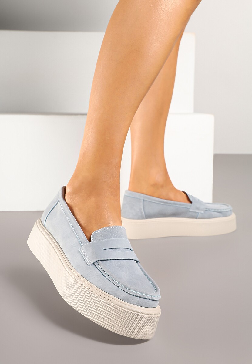 Jasnoniebieskie Mokasyny Skórzane na Platformie w Stylu Półbutów Sadawene