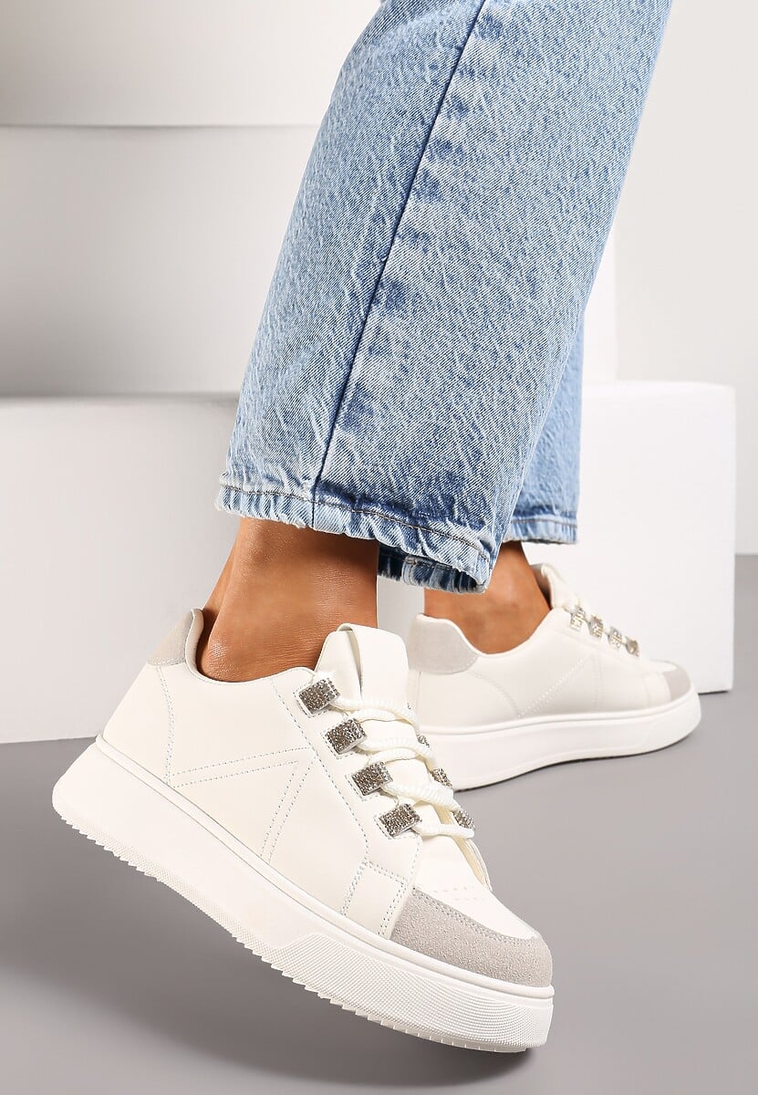 Beżowe Sznurowane Sneakersy z Ekoskóry na Grubej Podeszwie z Ozdobnymi Cyrkoniami Nevarra