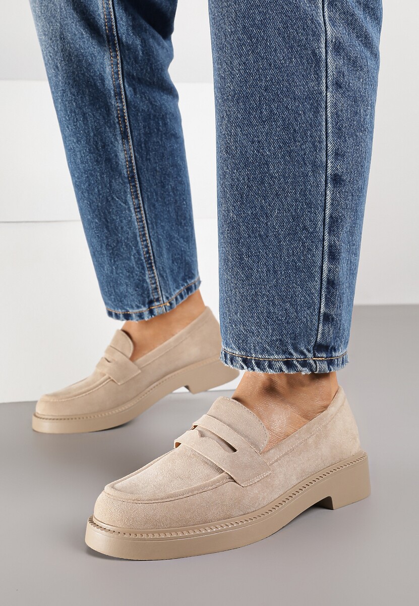 Ciemnobeżowe Mokasyny Ozdobione z Przodu Paskiem Jelzivis