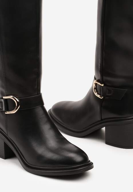 Czarne Kozaki na Słupku z Ozdobną Klamrą i Paskiem Miavirae