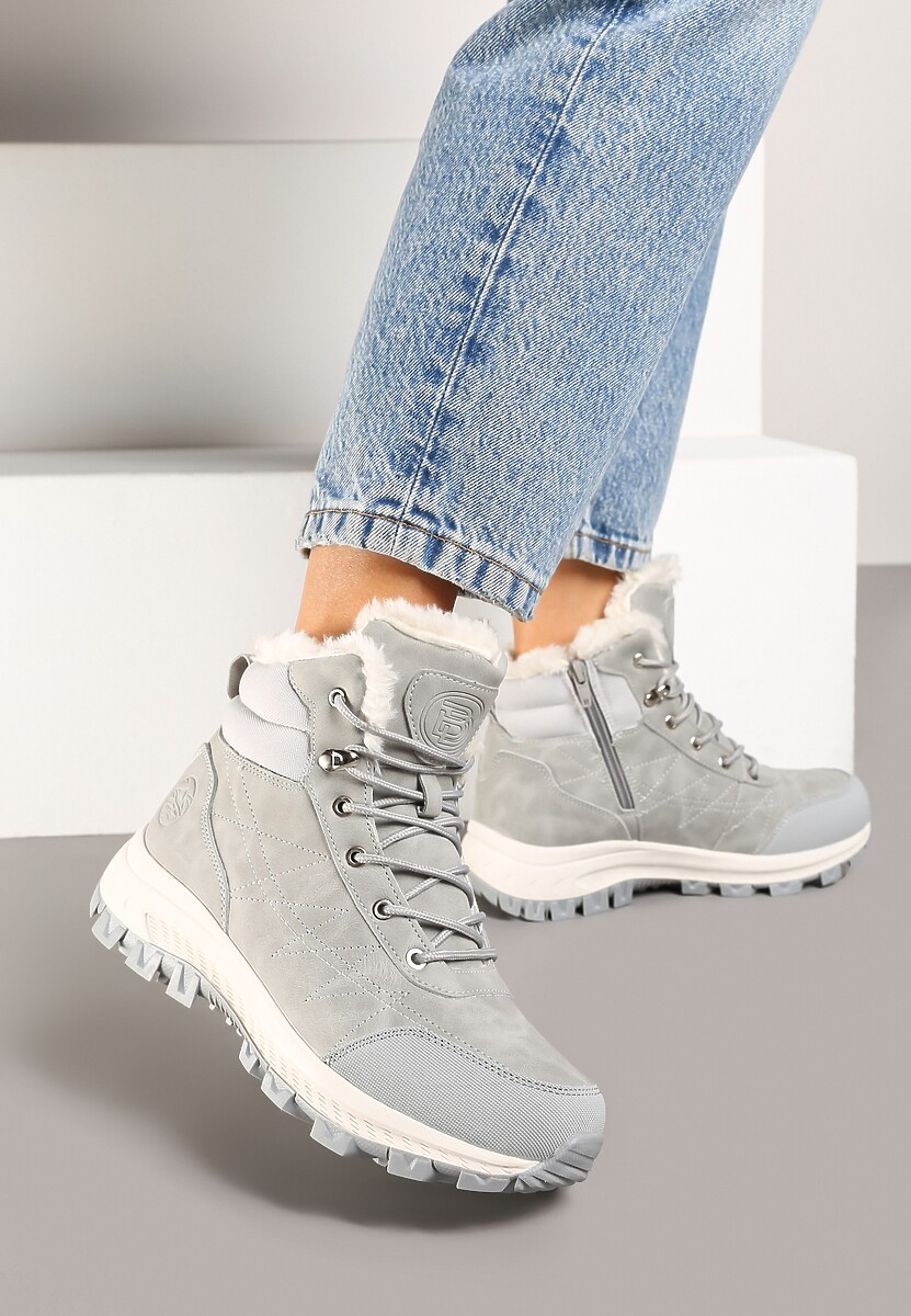 Jasnoszare Traperki na Tłoczonej Platformie ze Sznurowaniem Zinlatta