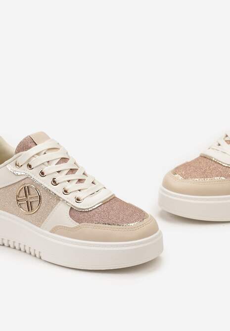 Beżowe Sneakersy z Metalicznymi Wstawkami i Brokatem na Grubej Podeszwie Xaneta